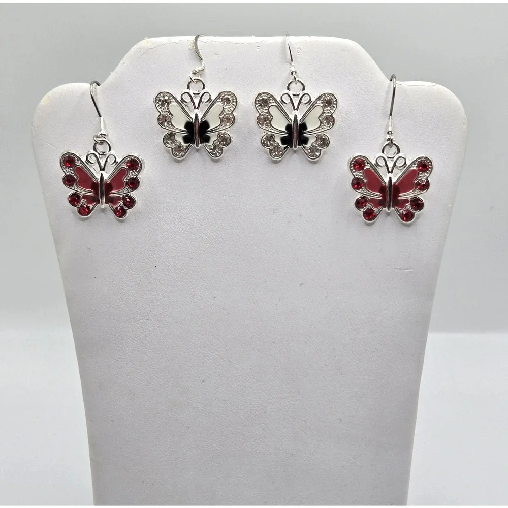 Butterfly Earrings Red White Rhinestone Silvertone Pierced Cute Whimsy Lot Of 2